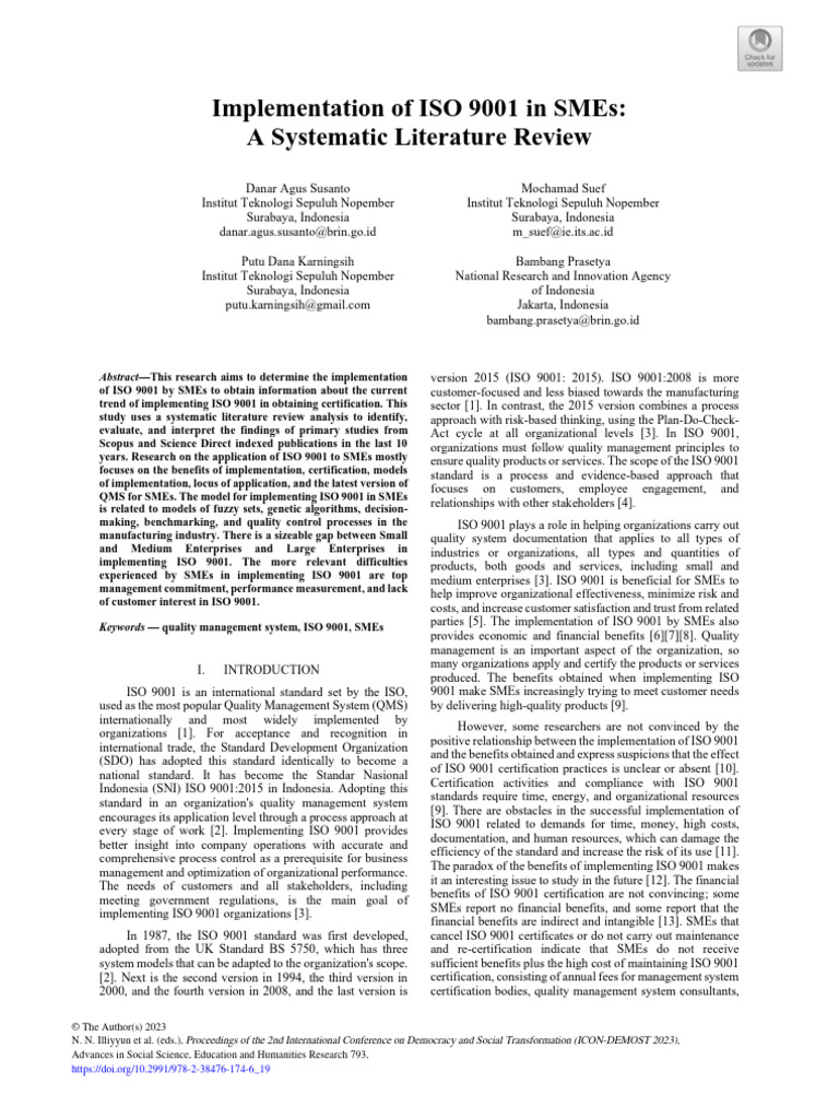 Implementation of ISO 9001 in SMEs A Systematic Literature Review | PDF ...