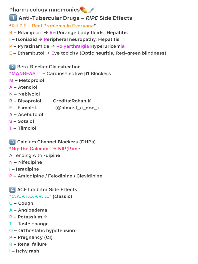 Pharmacology Mnemonics?? | PDF | Drugs