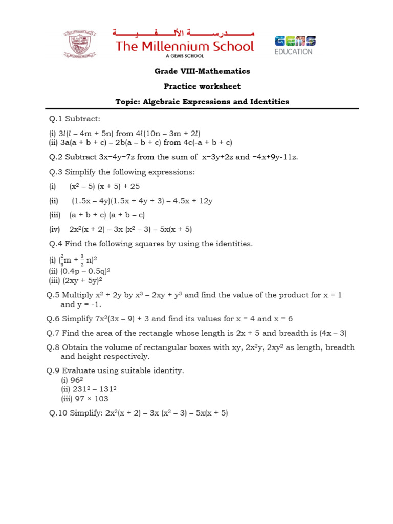 Revision Worksheet-Algebraic Expressions | PDF