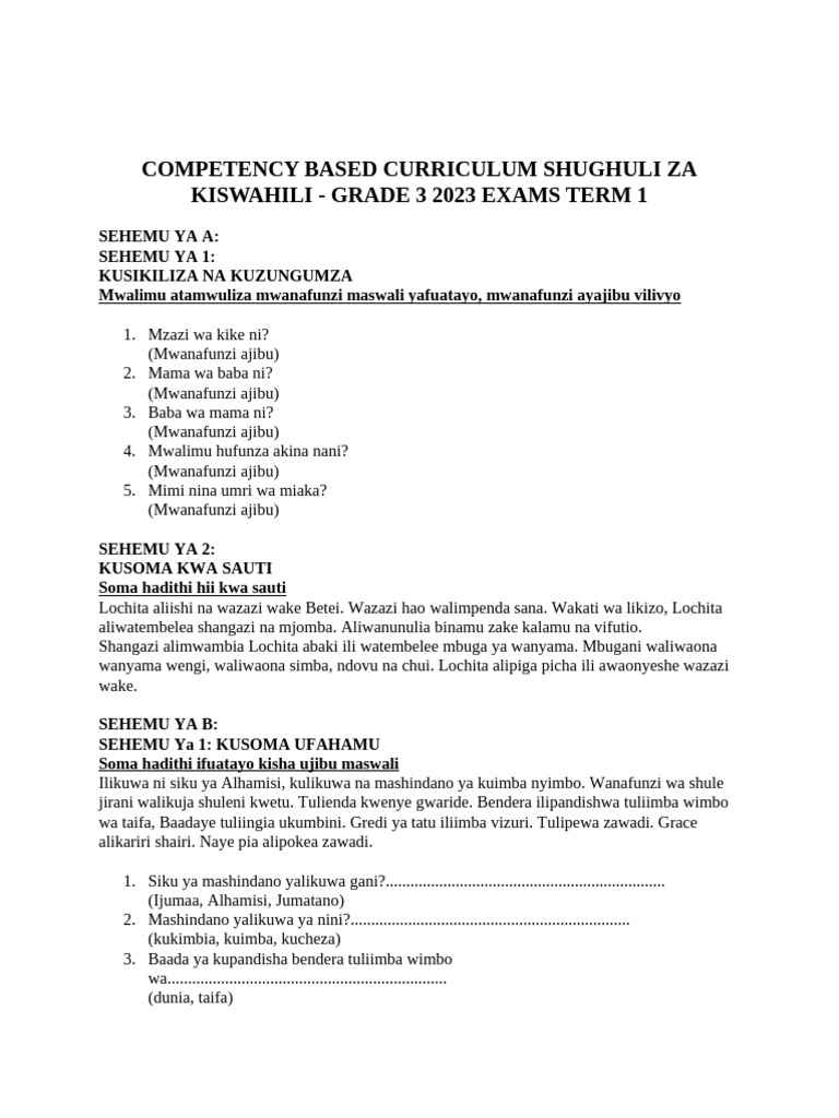 Competency Based Curriculum Kiswahili 1 | PDF