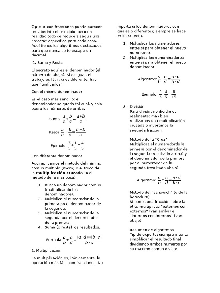 Operar Con Fracciones | PDF | Sustracción | Matemáticas discretas