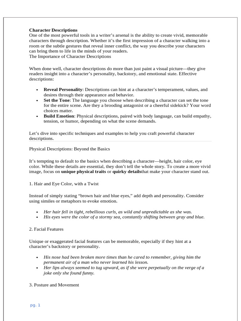 Character Descriptions For Film | PDF | Body Language