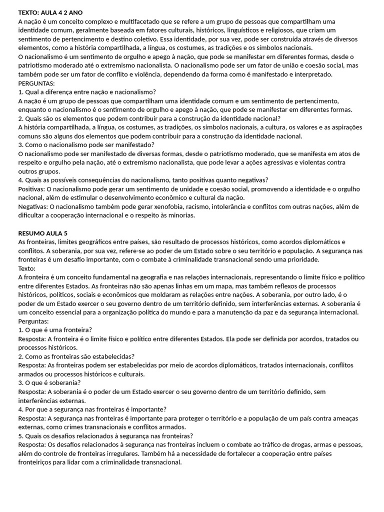 Texto Aula 4 e 5 2 Ano | PDF | Nação | Nacionalismo