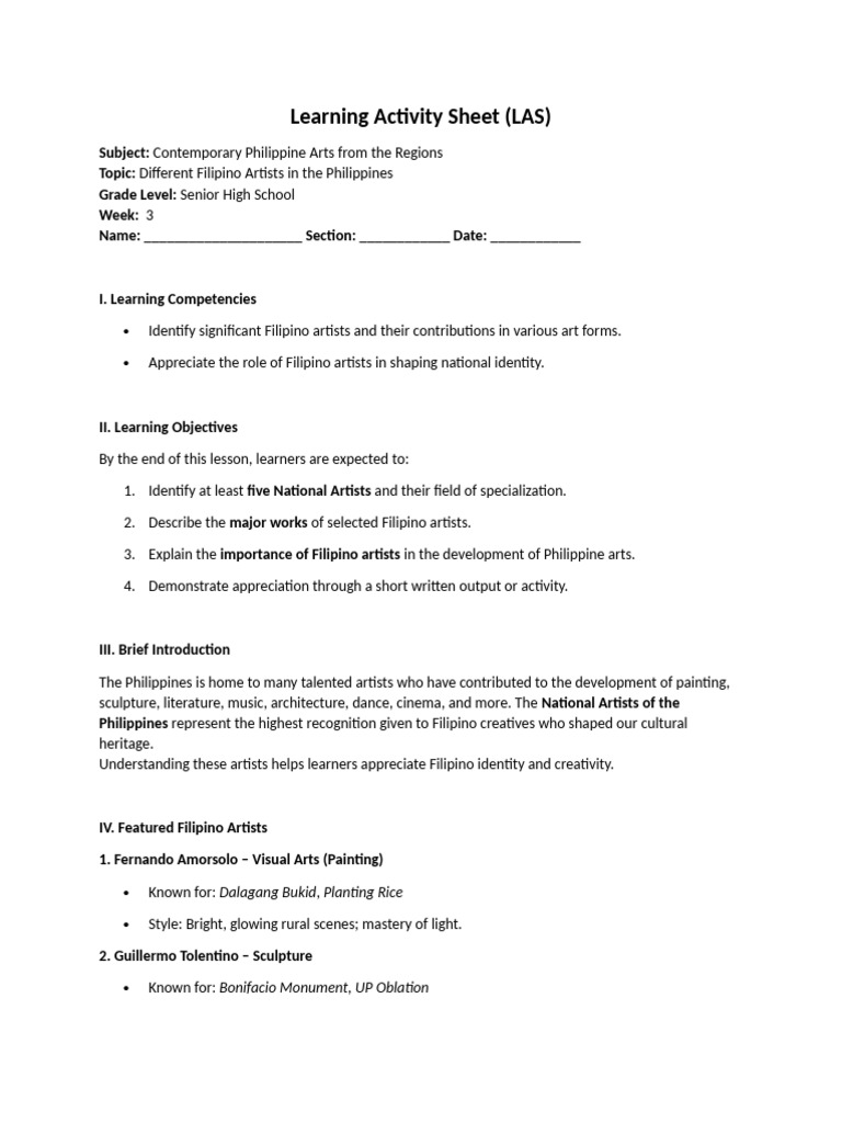 Learning Activity Sheet Week 4 | PDF | Philippines | The Arts