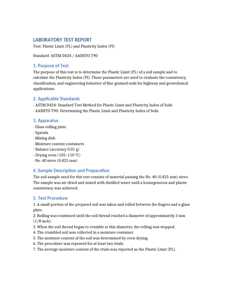 Plastic Limit and Plasticity Index Lab Report | PDF