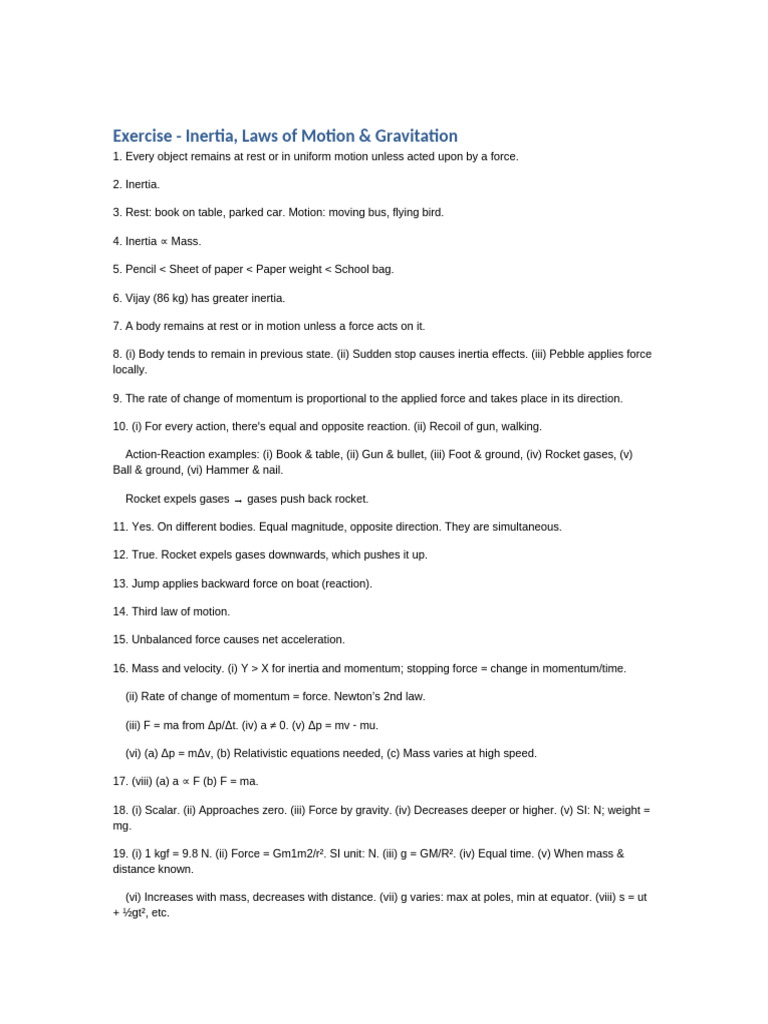 Exercise Inertia Motion Gravitation | PDF
