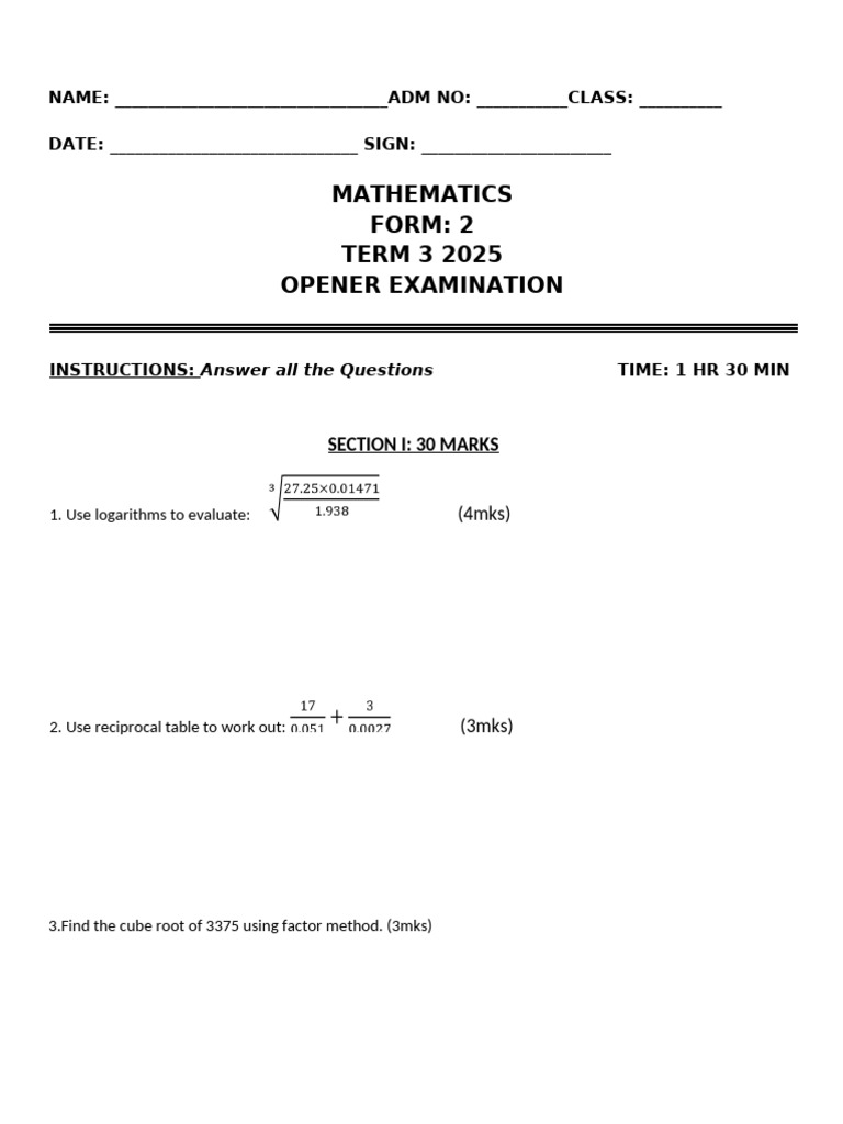2025 Mathematics f2 Exam t3 Teacher - Co .Ke | PDF
