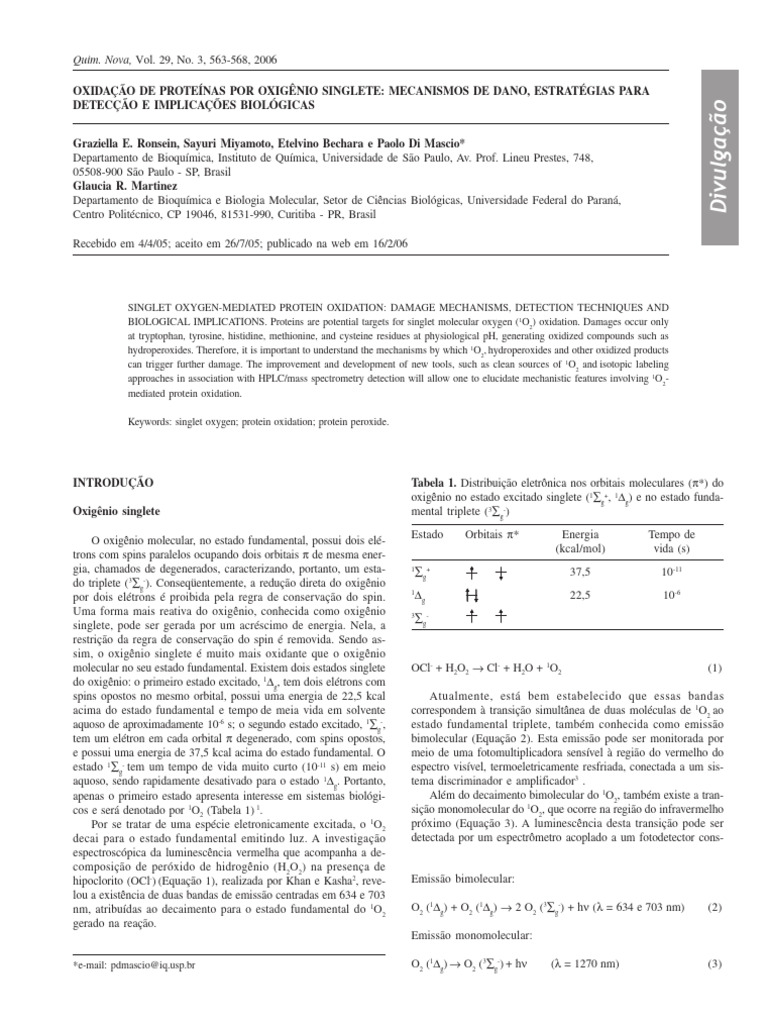 Oxidação de Proteínas Por Oxigênio Singlete | PDF | Aminoácido ...