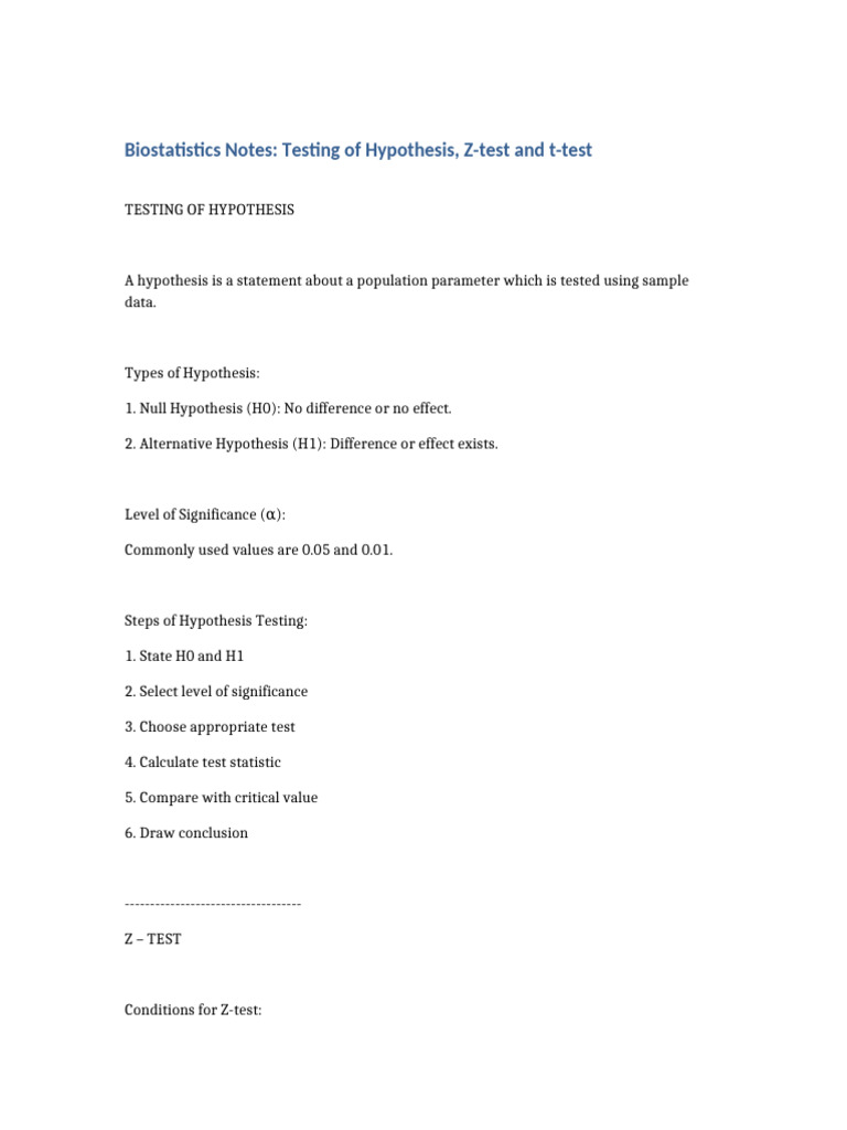 Testing of Hypothesis Z and T Test Biostatistics | PDF