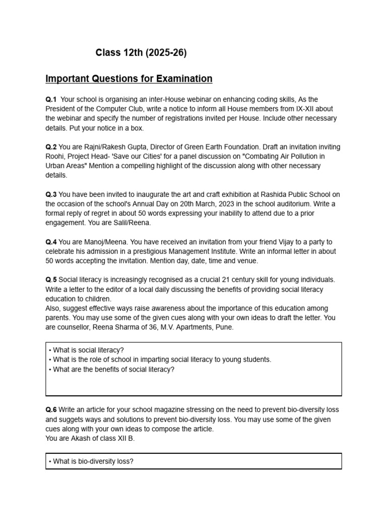 Important Questions For Class 12th | PDF