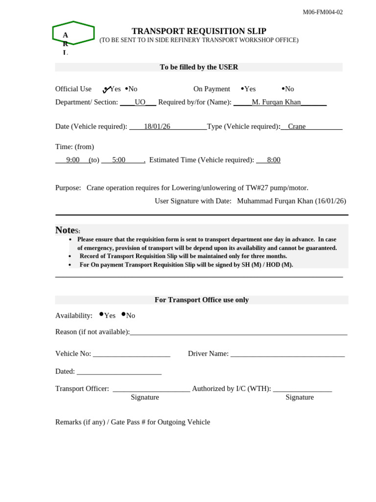 Transport Requistion Slip (TW-27!18!01-26) | PDF