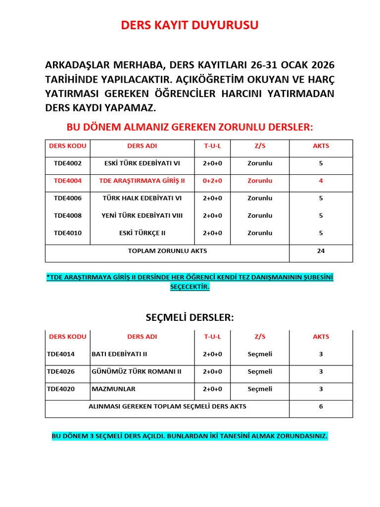 Ders Kayit Duyurusu - 2025-2026 Bahar | PDF