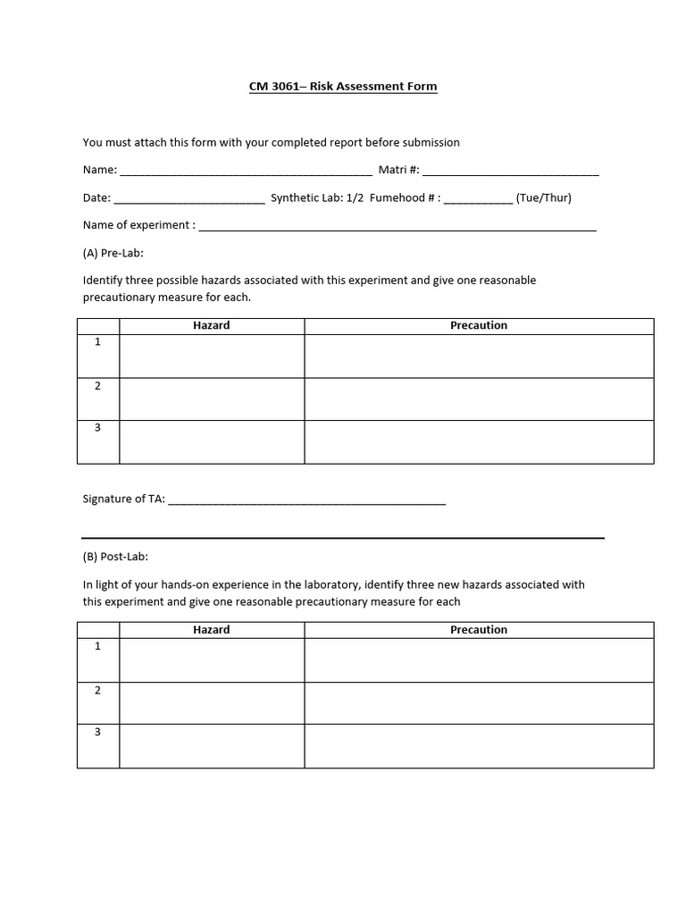 Risk Assessment Form (Expt 3, 4, & 7) | PDF