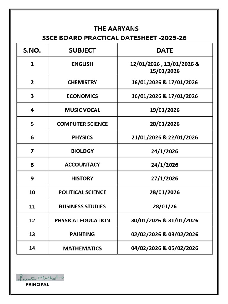 Ssce Practical Date Sheet-2025-26 | PDF