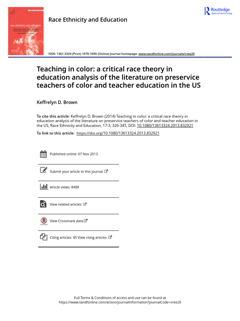 Teaching in color a critical race theory in education analysis of the ...