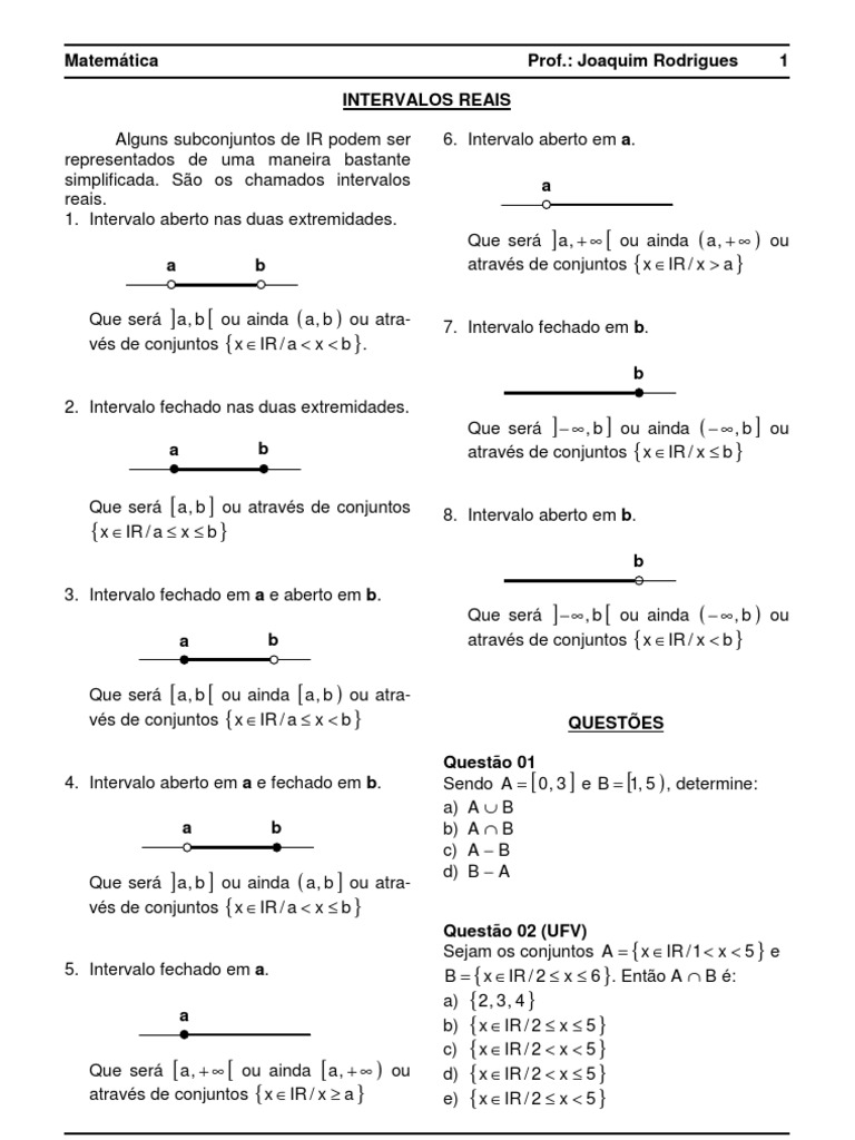 Exercícios sobre Intervalos Reais | PDF | Conjunto (Matemática ...