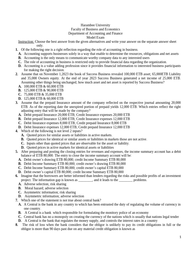 Model Exam New HU Final | PDF | Debits And Credits | Audit