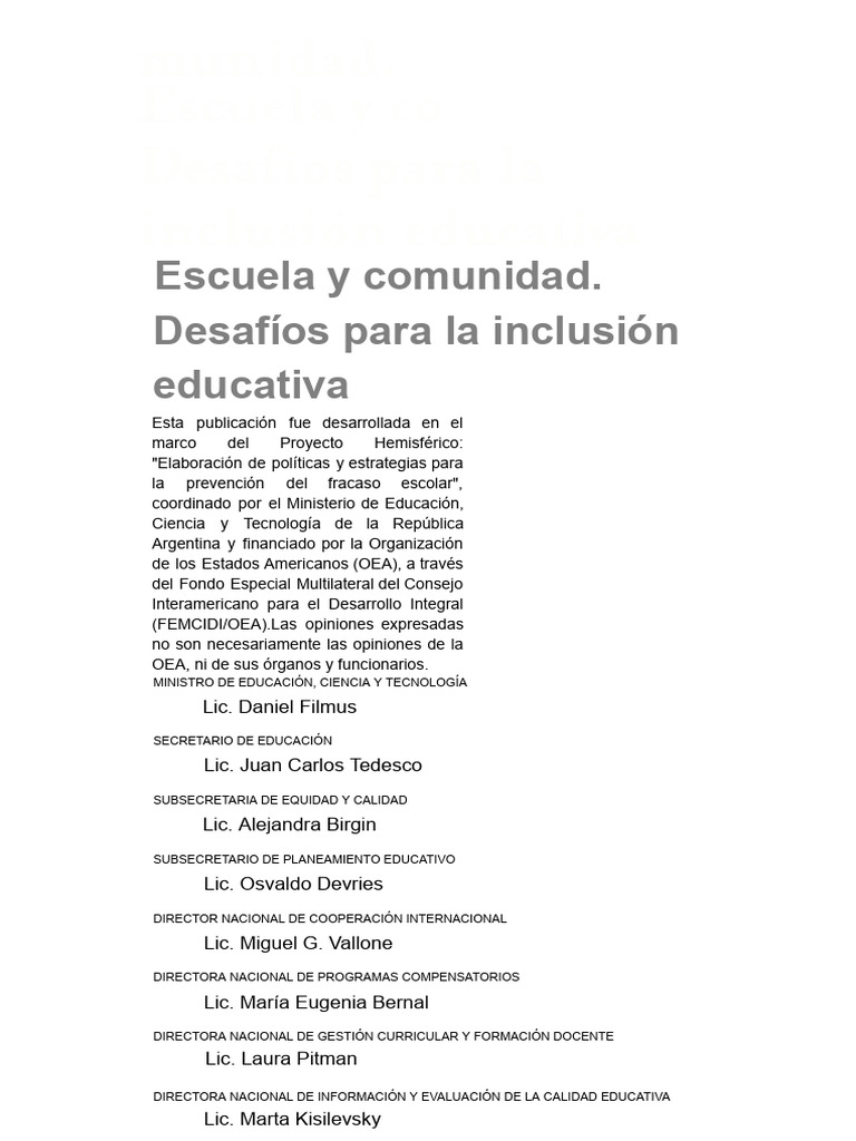 Escuela y Comunidad. Desafios para La Inclusión Educativa | PDF ...