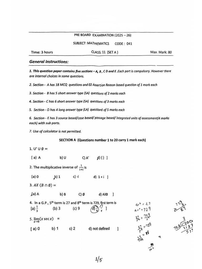 Class 11 Maths Pre Finals | PDF