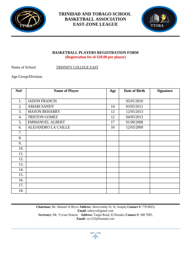Under 15 Registration 2026 | PDF