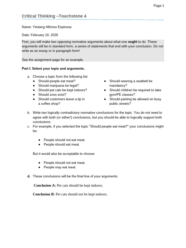 Critical Thinking Touchstone 4 Template | PDF | Argument | Deductive ...