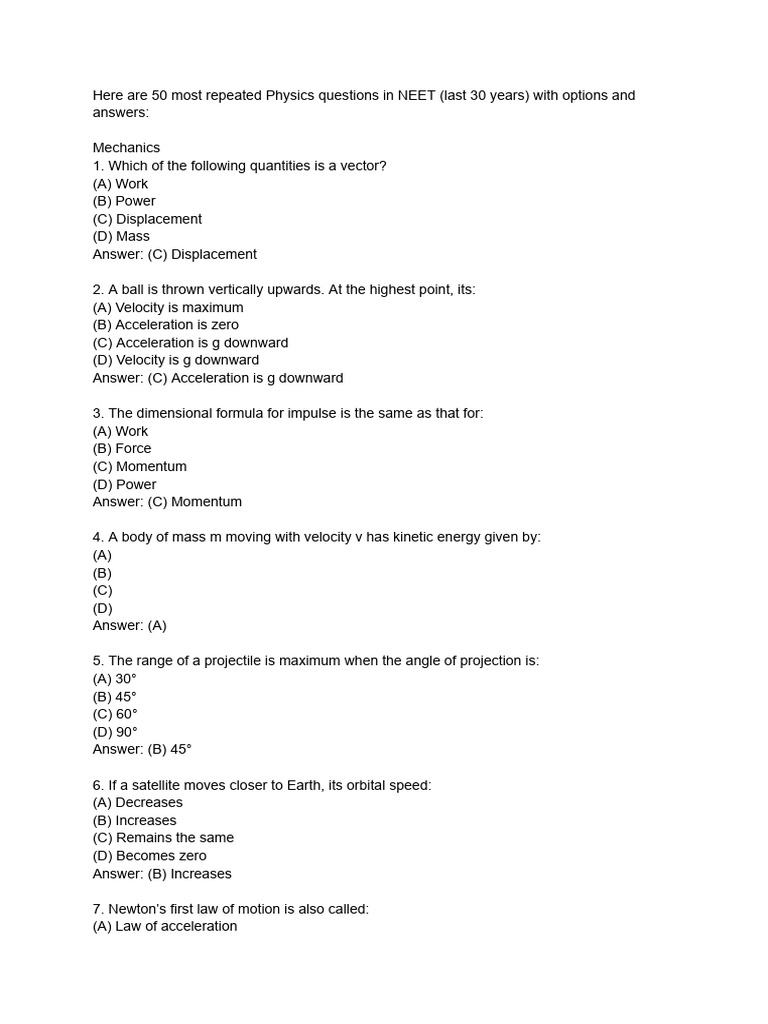 50 Most Repeated Question of Physics | PDF | Electron | Atomic Nucleus