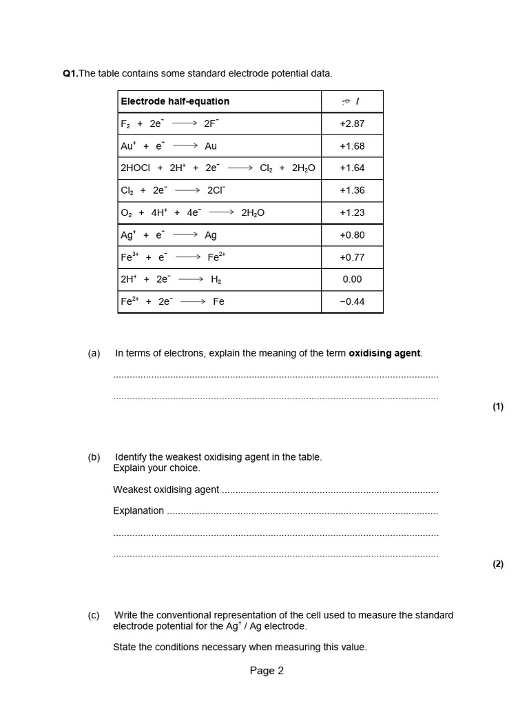 Electrode Potentials & Cells 1 QP | PDF | Redox | Salt (Chemistry)
