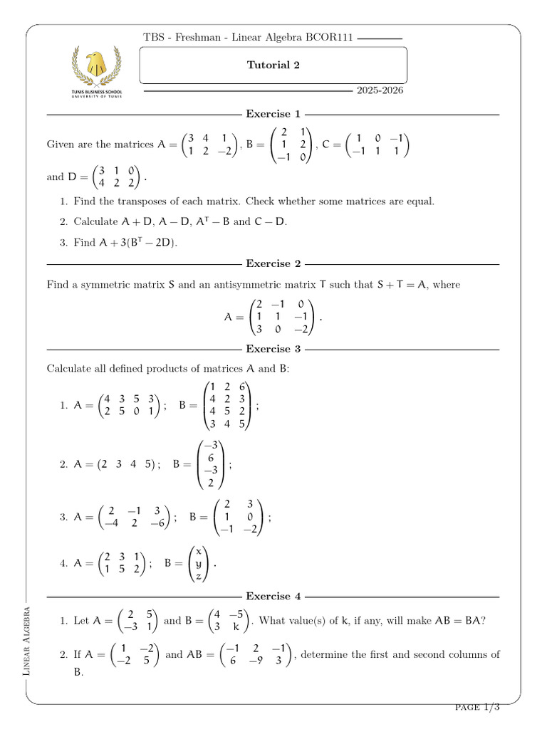 Linear Algebra Tutorial 2 | PDF | Matrix (Mathematics) | Operator Theory