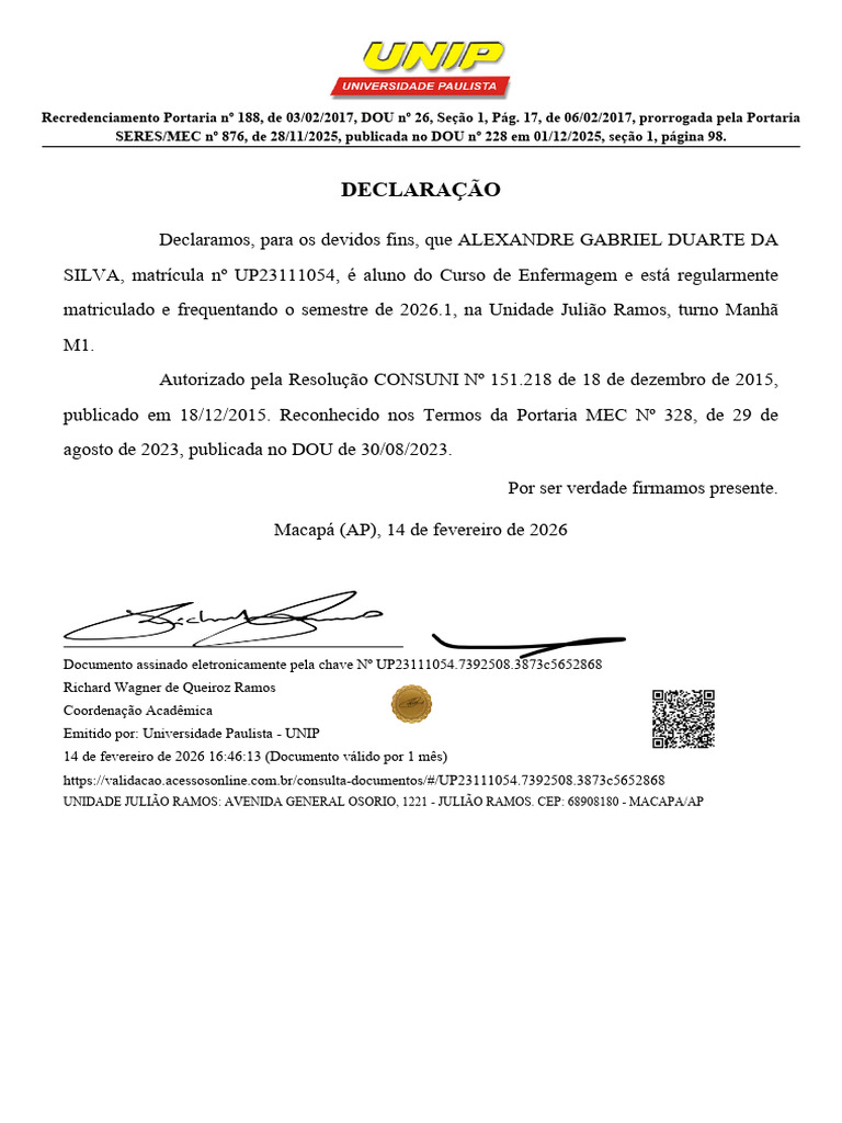 Declaração Unip | PDF