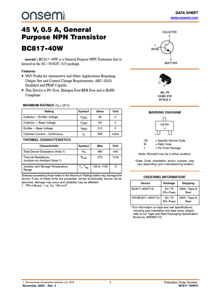 45 V, 0.5 A, General Purpose NPN Transistor BC817-40W: Onsemi | PDF ...