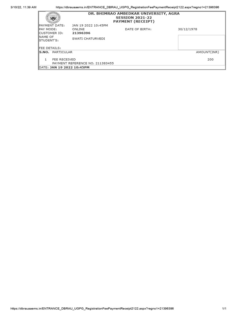 Swati ENTRANCE DBRAU UGPG RegistrationFeePaymentReceipt2122 | PDF