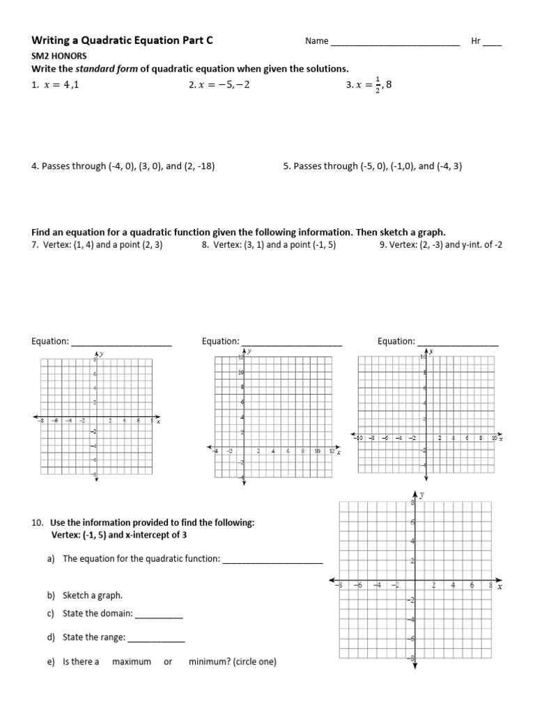 Writing Quadratic Equations Part C | PDF