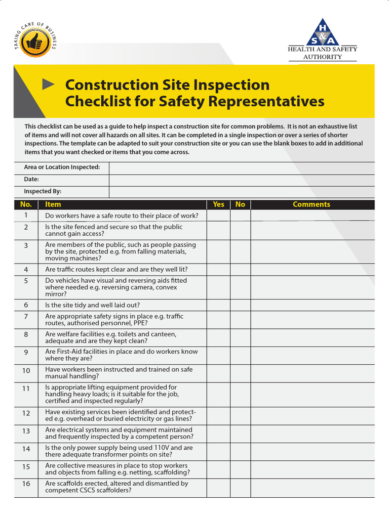 Construction Site Inspection Checklist for Safety Representatives 19 ...