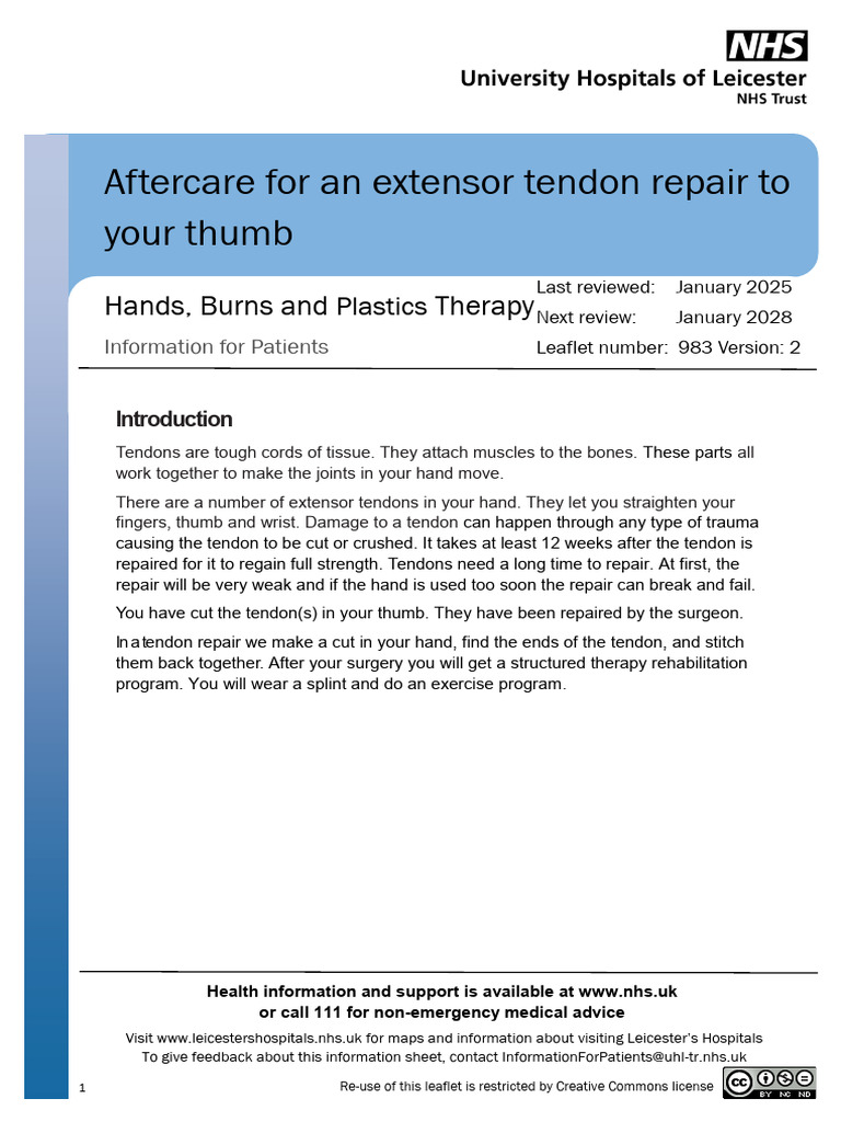 983 - 012025 Aftercare For An Extensor Tendon Repair To Your Thumb ...