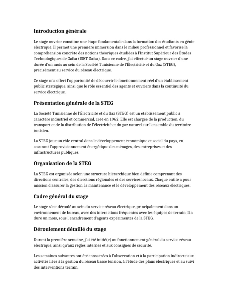 Rapport Stage Ouvrier Steg Iset Gafsa Version Definitive | PDF | Réseau ...