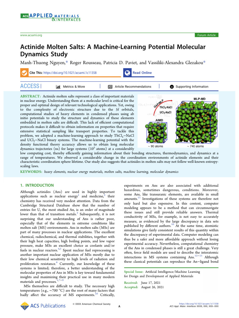 Actinide Molten Salts a Machine Learning Potential Molecular Dynamics ...
