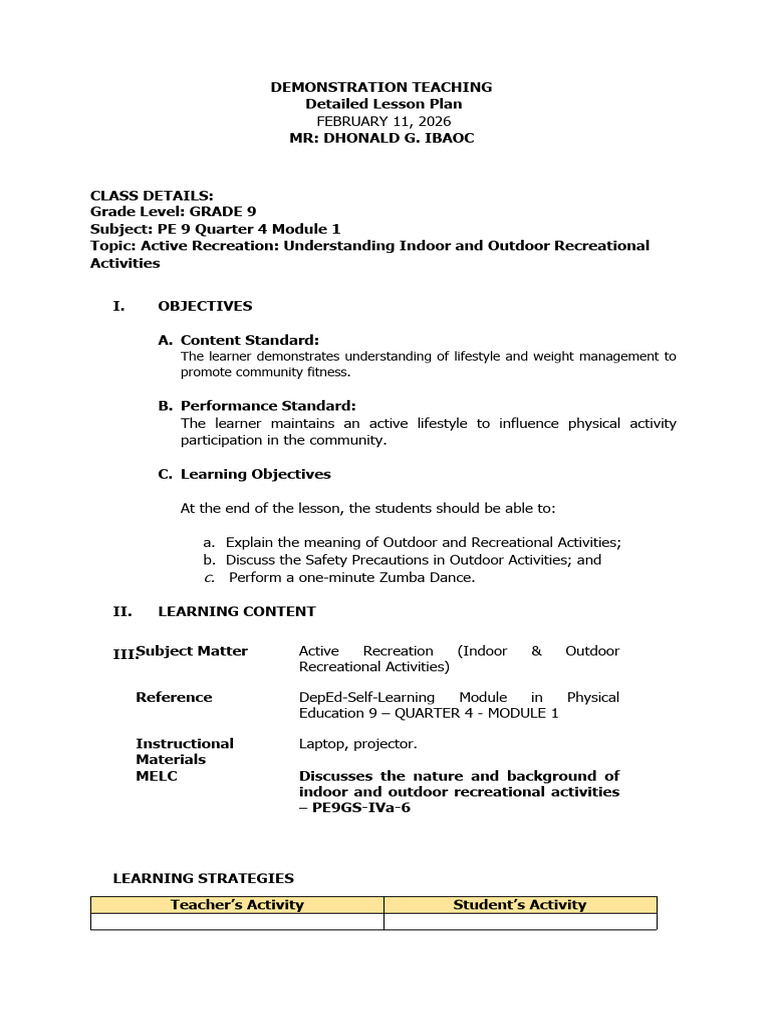 Pe-9 Outdoor and Recreational Activities DLP | PDF | Learning | Recreation