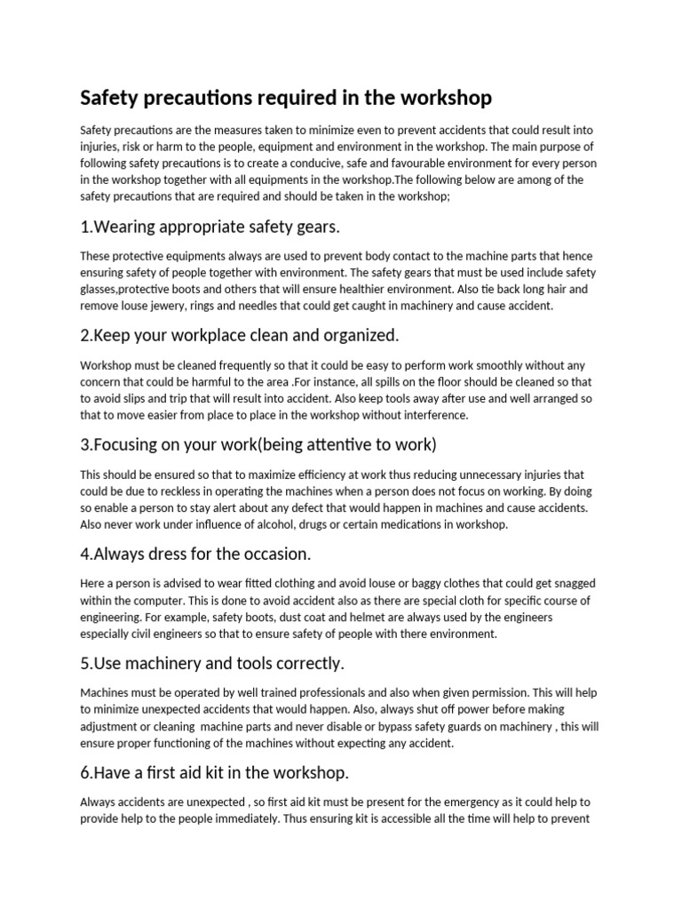 Safety Precautions Required in The Workshop | PDF | First Aid | Safety