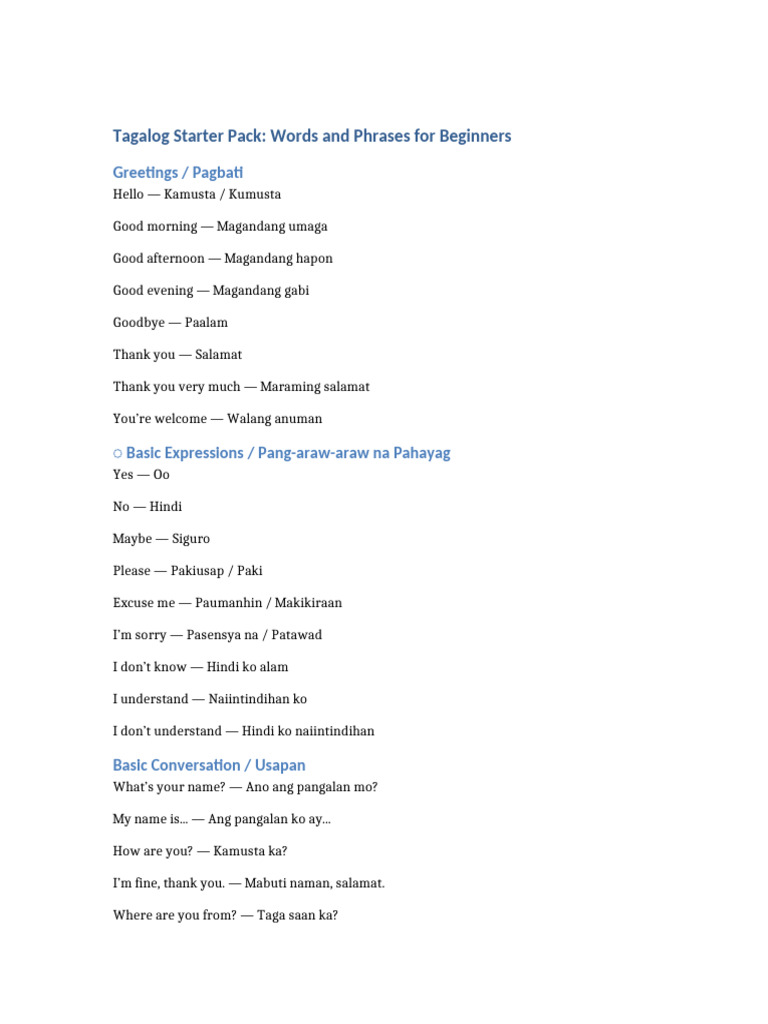 Tagalog Starter Pack Words and Phrases | PDF