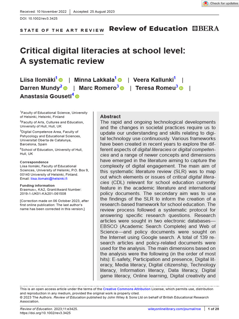 Review of Education - 2023 - Ilomäki - Critical Digital Literacies at ...