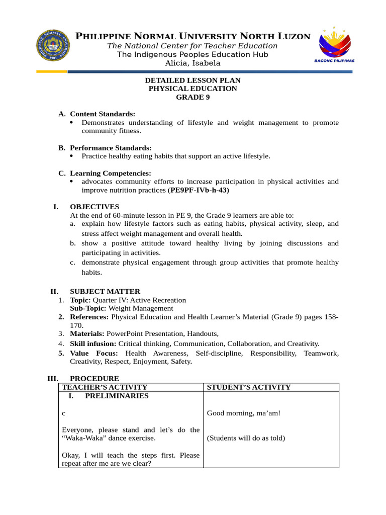 PE9 G9 L2 W1 Weight Management | PDF | Obesity | Physical Education