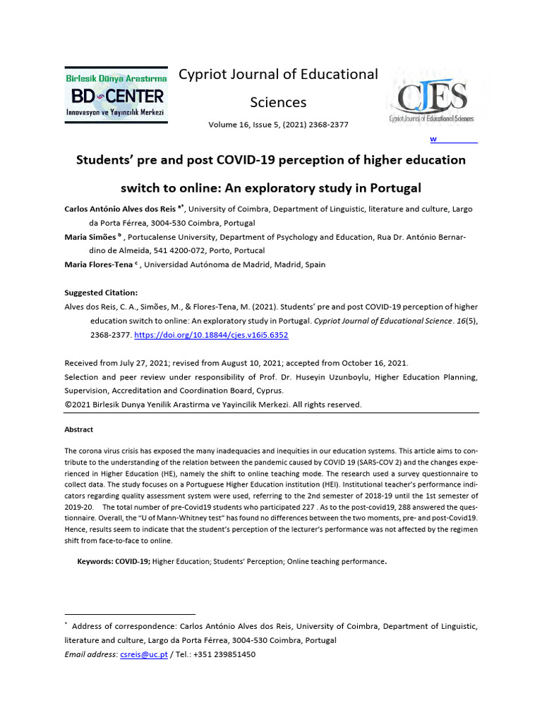 Students Pre and Post Covid 19 Perception of Higher Education | PDF ...