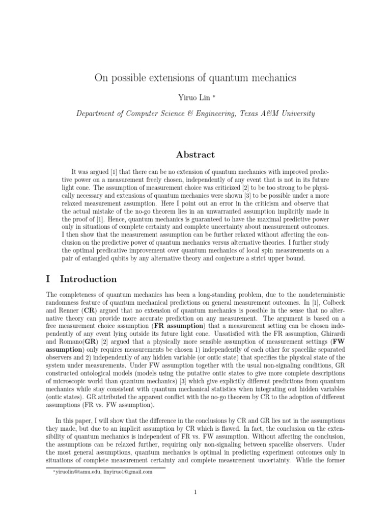 On Possible Extensions of Quantum Mechanics | PDF | Quantum ...