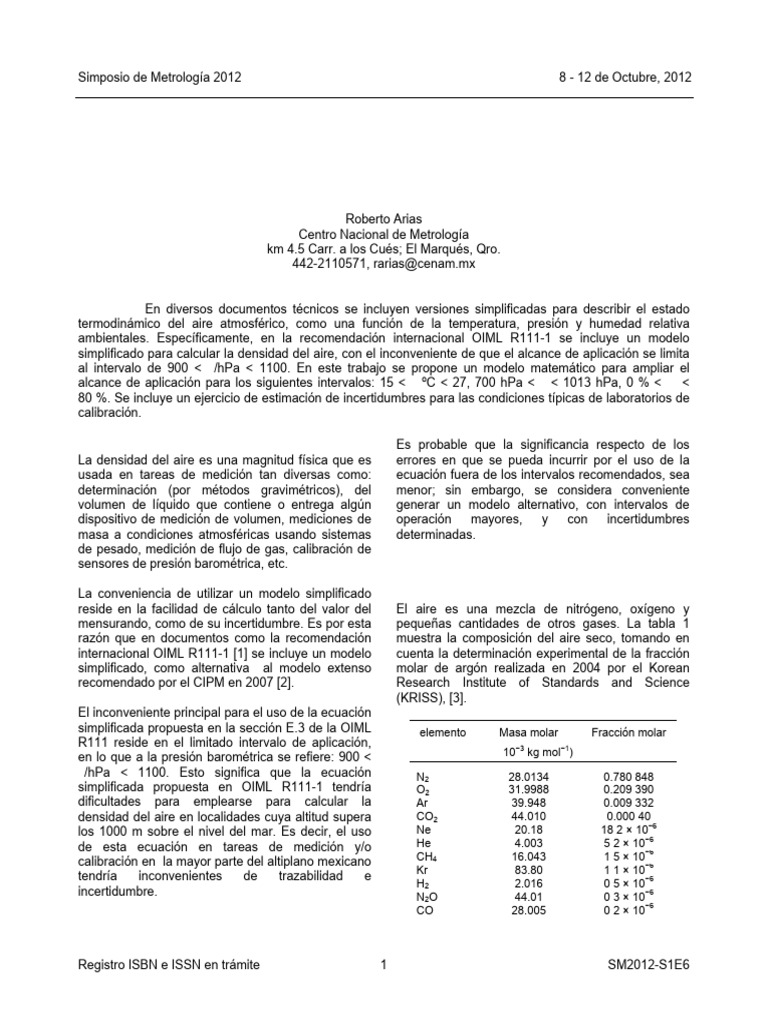 Ecuación Simple Sugerida en Oiml r111-1 para El Cálculo de La Densidad ...