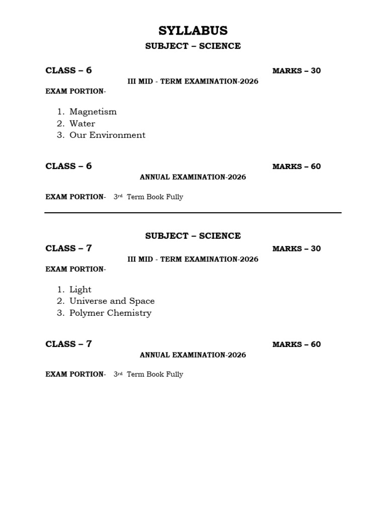 Science Syllabus em III Mid & Annual Syllabus | PDF