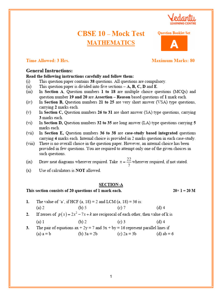 10th Grade-CBSE Board Mock Test - Mathematics-Set A | PDF | Circle ...