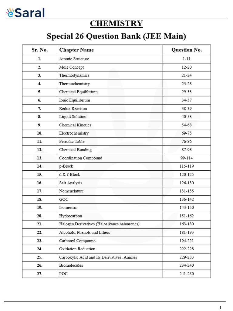 Special 26 Question Bank (JEE Main) | PDF | Chemistry | Integral