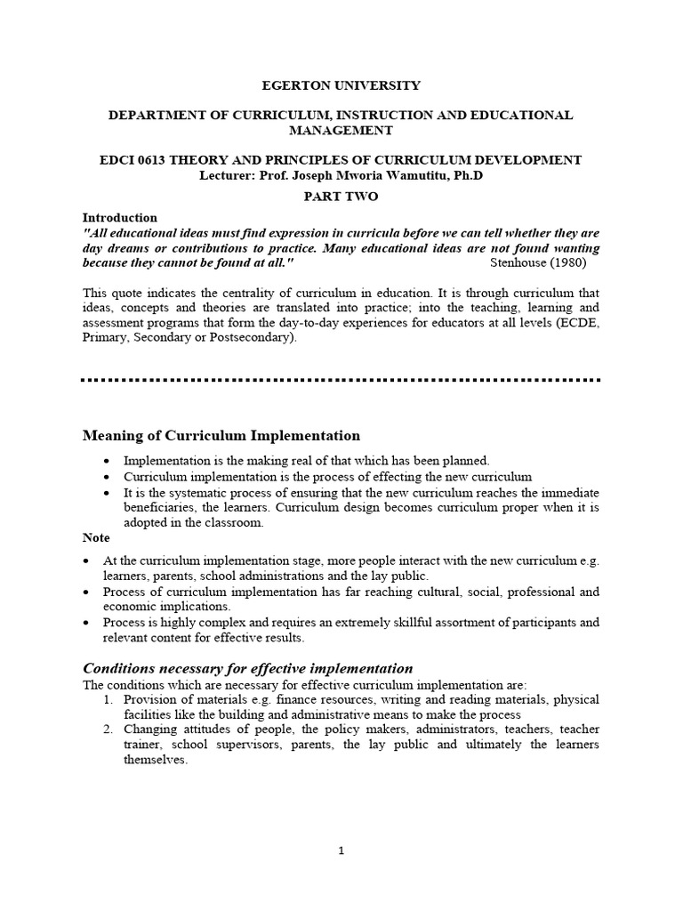 Edci 0613 Part Two Curriculum Implementation | PDF | Curriculum | Teachers