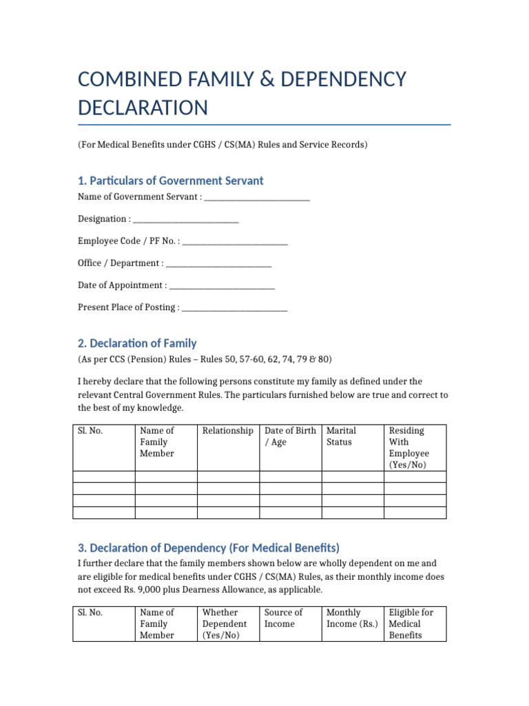 Combined Family Dependency Declaration | PDF