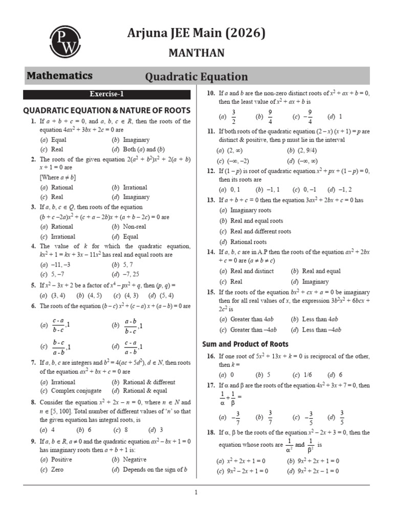 Quadratic Equations Practice Sheet | PDF | Quadratic Equation ...